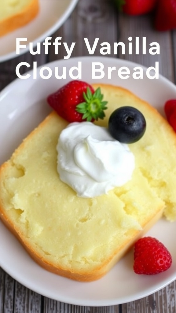 Fluffy Vanilla Cloud Bread Recipe Fluffy vanilla cloud bread served with whipped cream and berries on a rustic table.